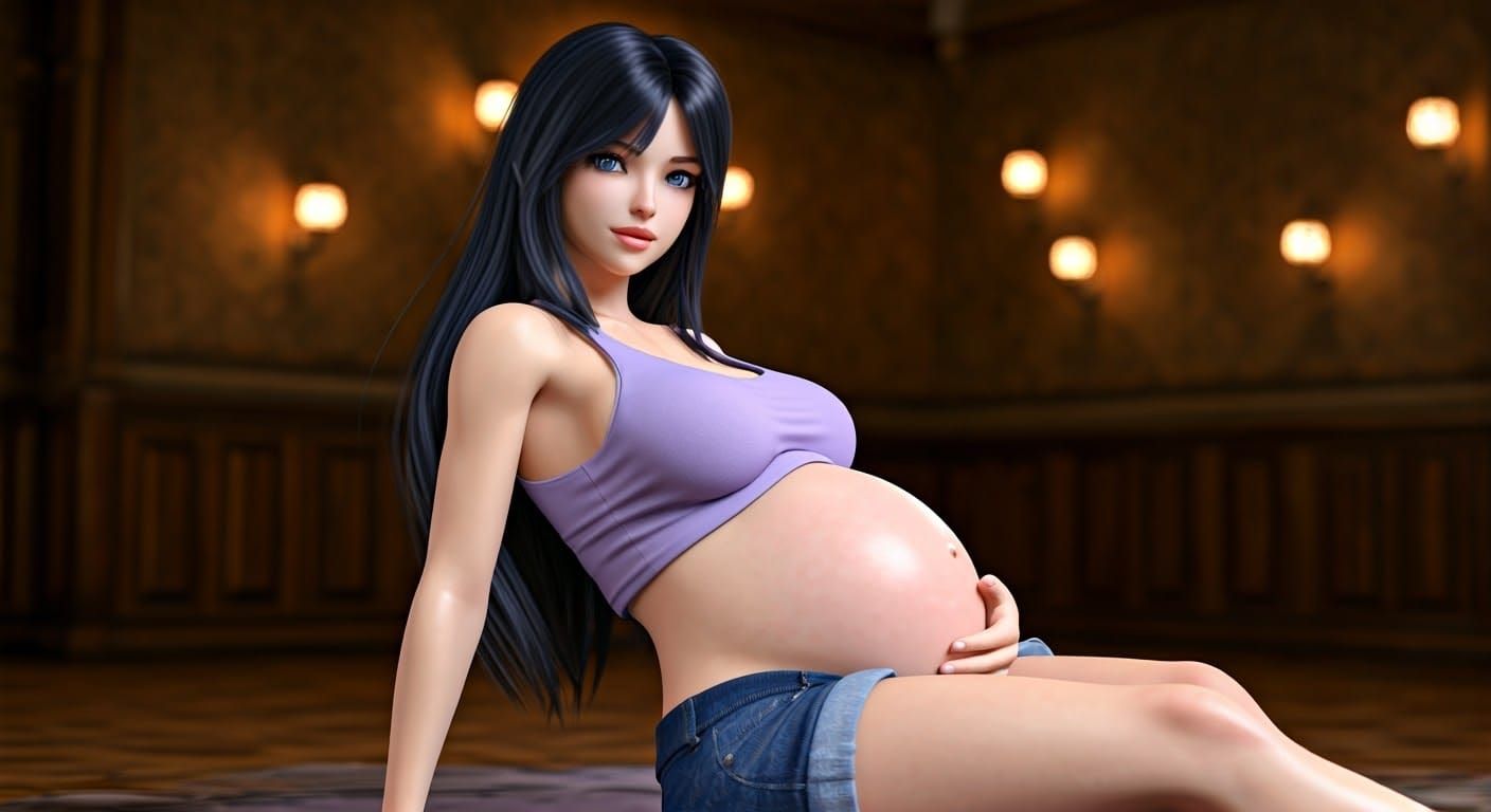 Anime Woman with Baby Belly in Cozy Room