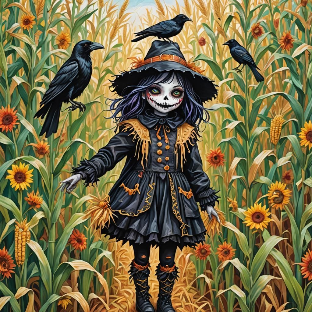 Cute Goth Scarecrow in Cornfield Wonderland