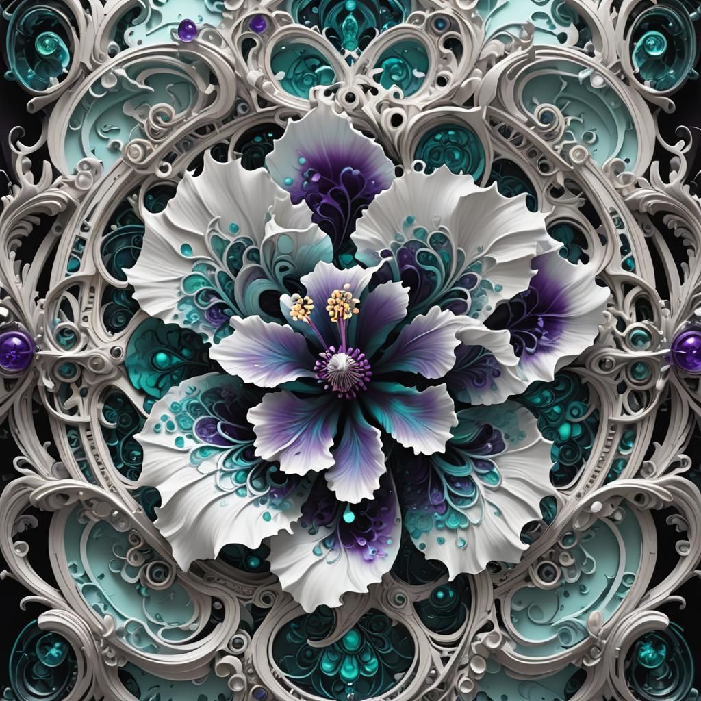white fractal portal black purple teal filigree hibiscus