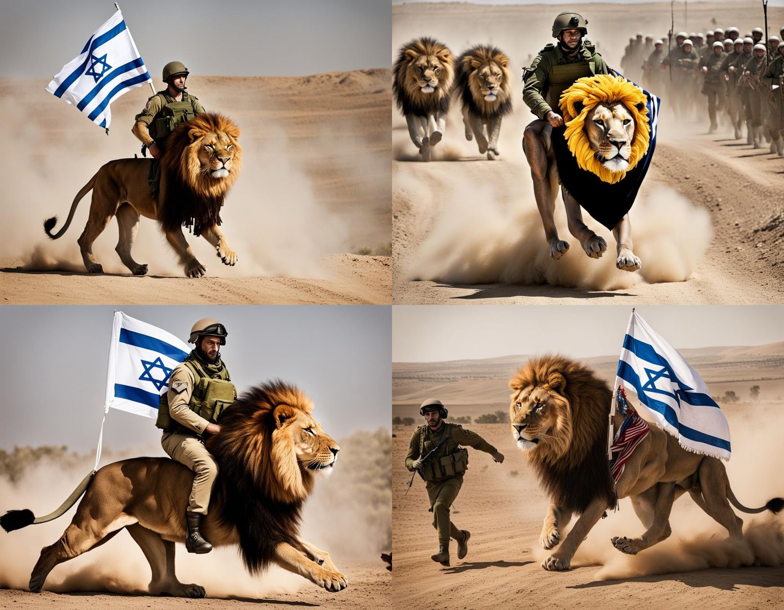Israeli Soldier Rides Lion Forward with Flag