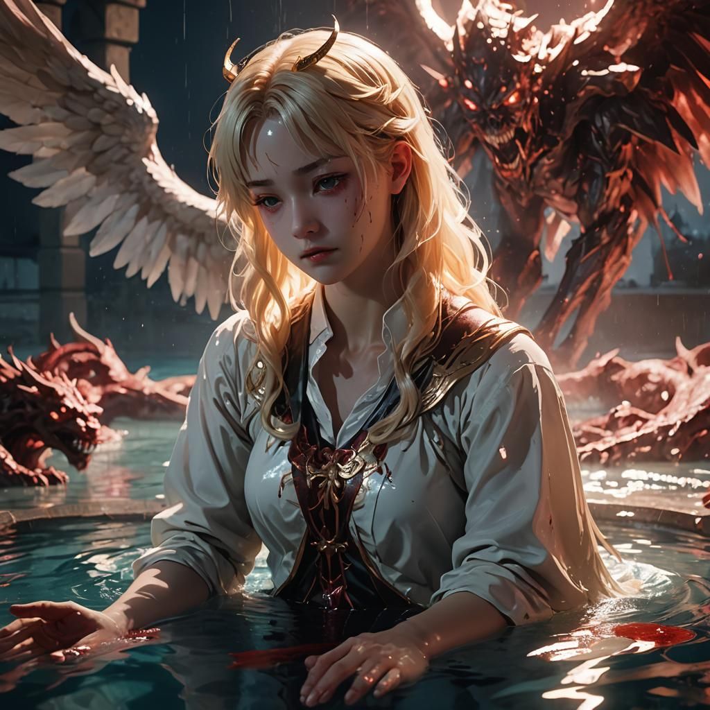 godlike gigantic horror bloody demon pray a beatiful blonde ...
