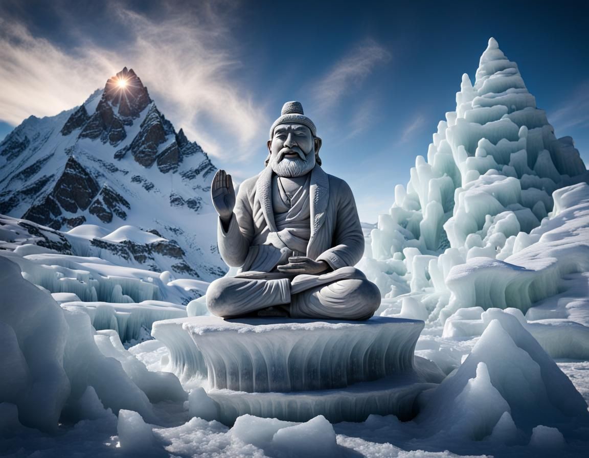 Ice Sculpture Of A Himalayan Yogi Meditating On Kailas Mountain In The 