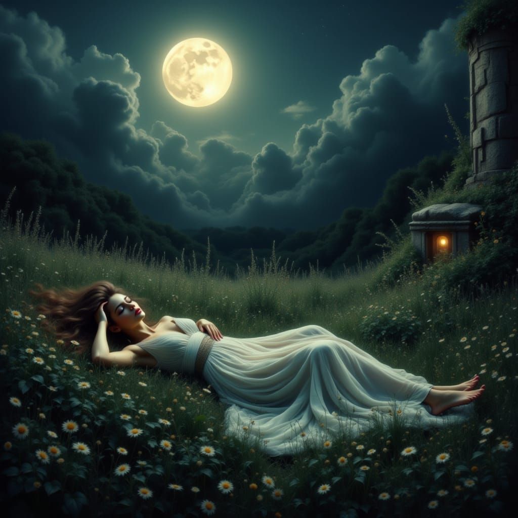 Surreal Woman in Moonlit Grass, Dreamlike Atmosphere