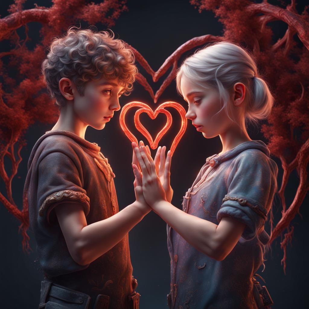Boy and girl both making heart sign with their hands