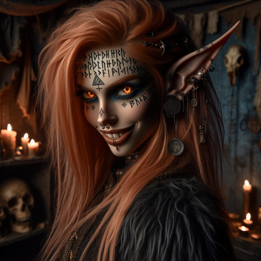 Gothic Elven Woman with Runic Tattoo