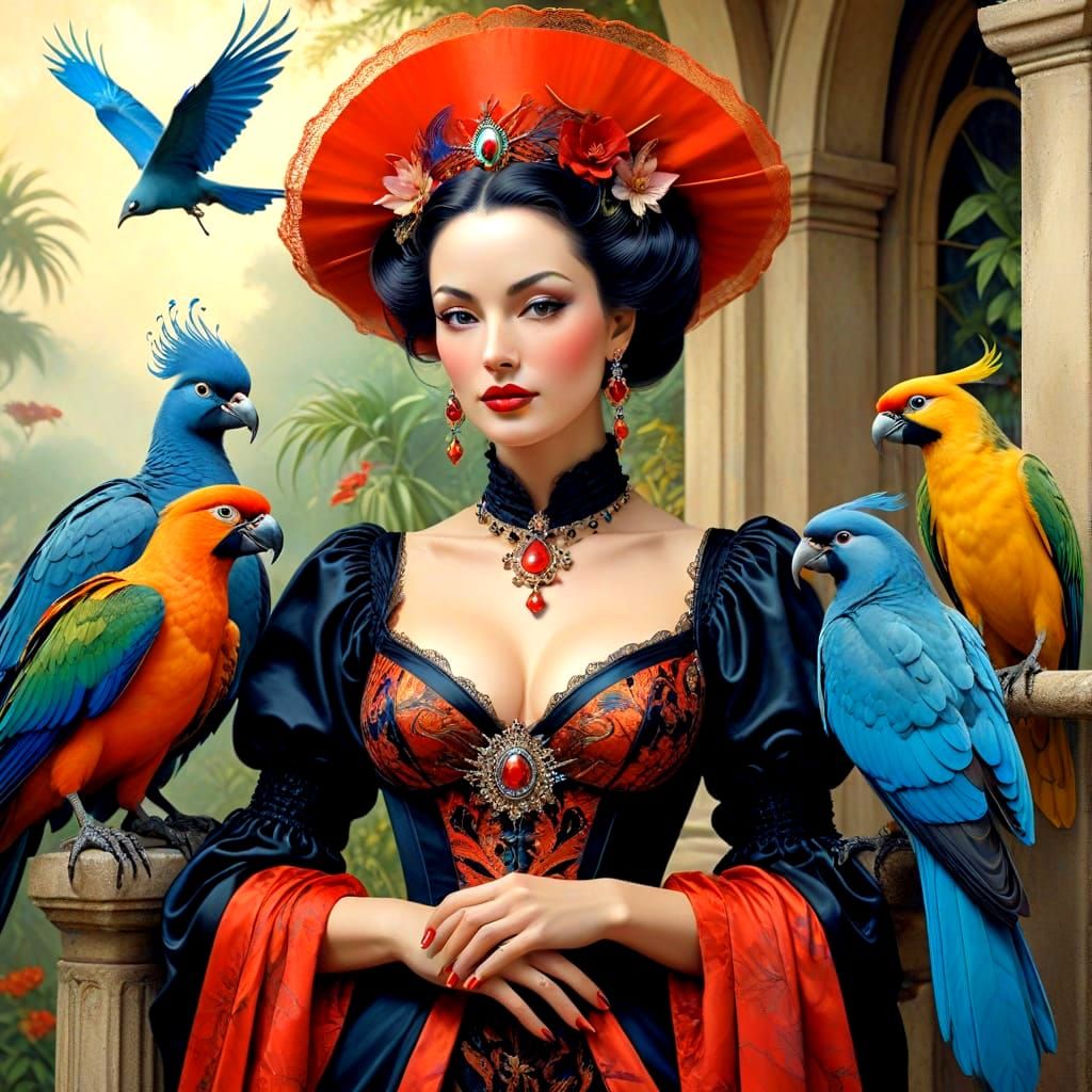 Gothic Lady Amidst Whimsical Paradise in Rich, Vivid Colors