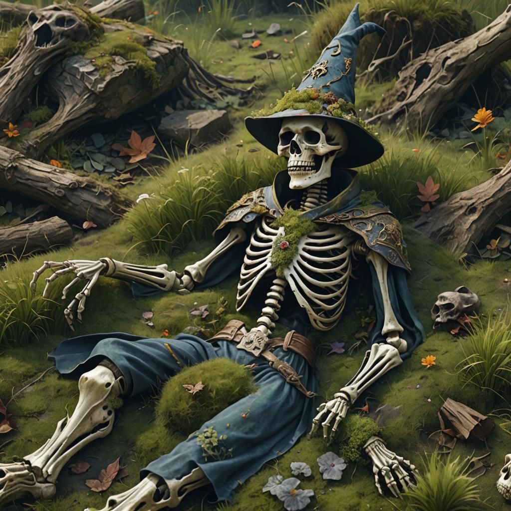 Wizard skeleton laying in grass decomposing, wearing wizard ...