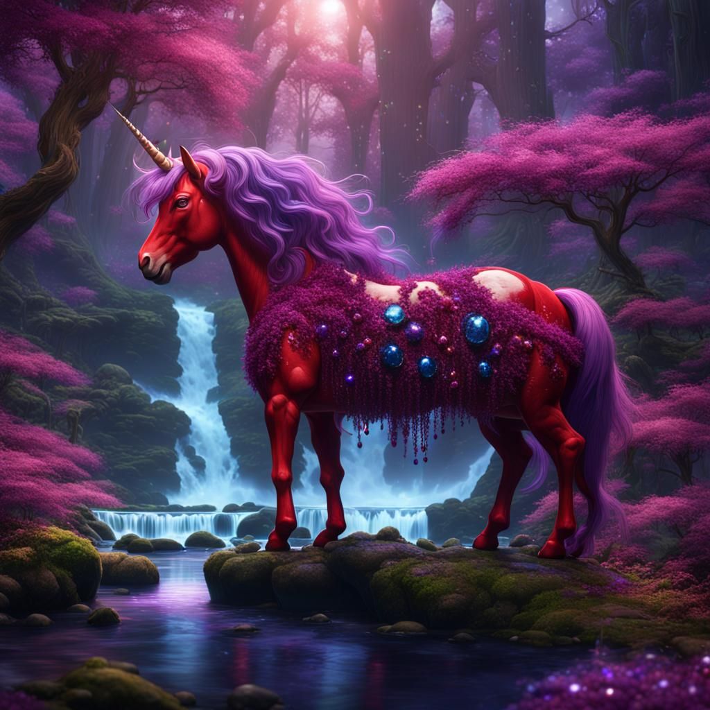 a red unicorn covered in purple and blue gems in a magical f...