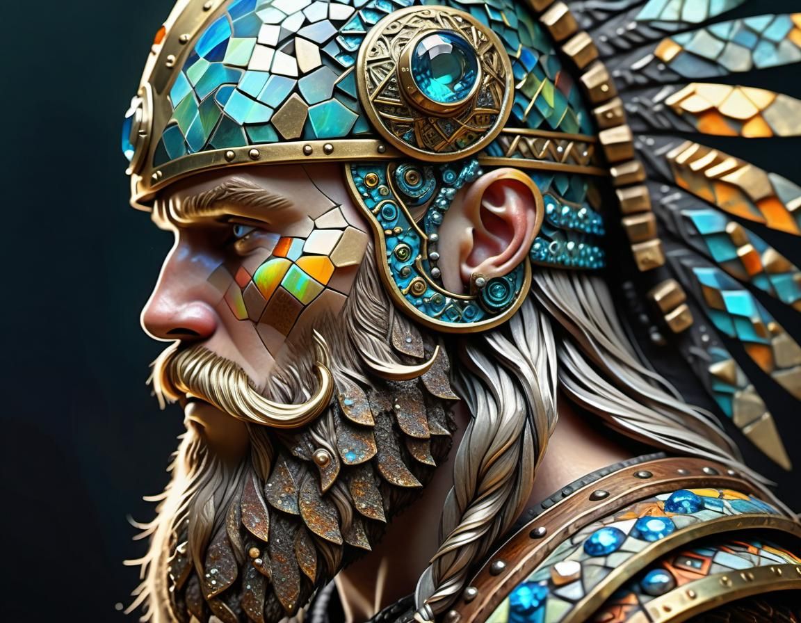 Mosaic and embossed, dramatic side view of a Viking warrior