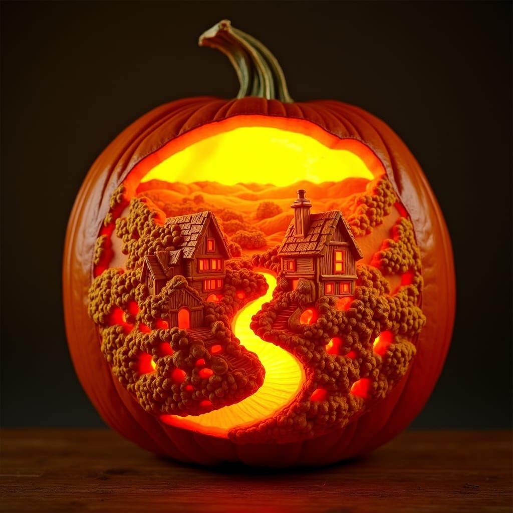 halloween, A intricately carved pumpkin, lit from within, depicting a quaint country village, with rolling ...  by @Artiro