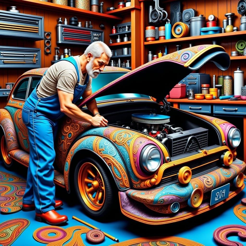 <lora:So Crazily Paisley:1.0> (paisley:1.9), paisley everywhere, textured, zentangle, a mechanic in a garage working on a paisley car, paisl...