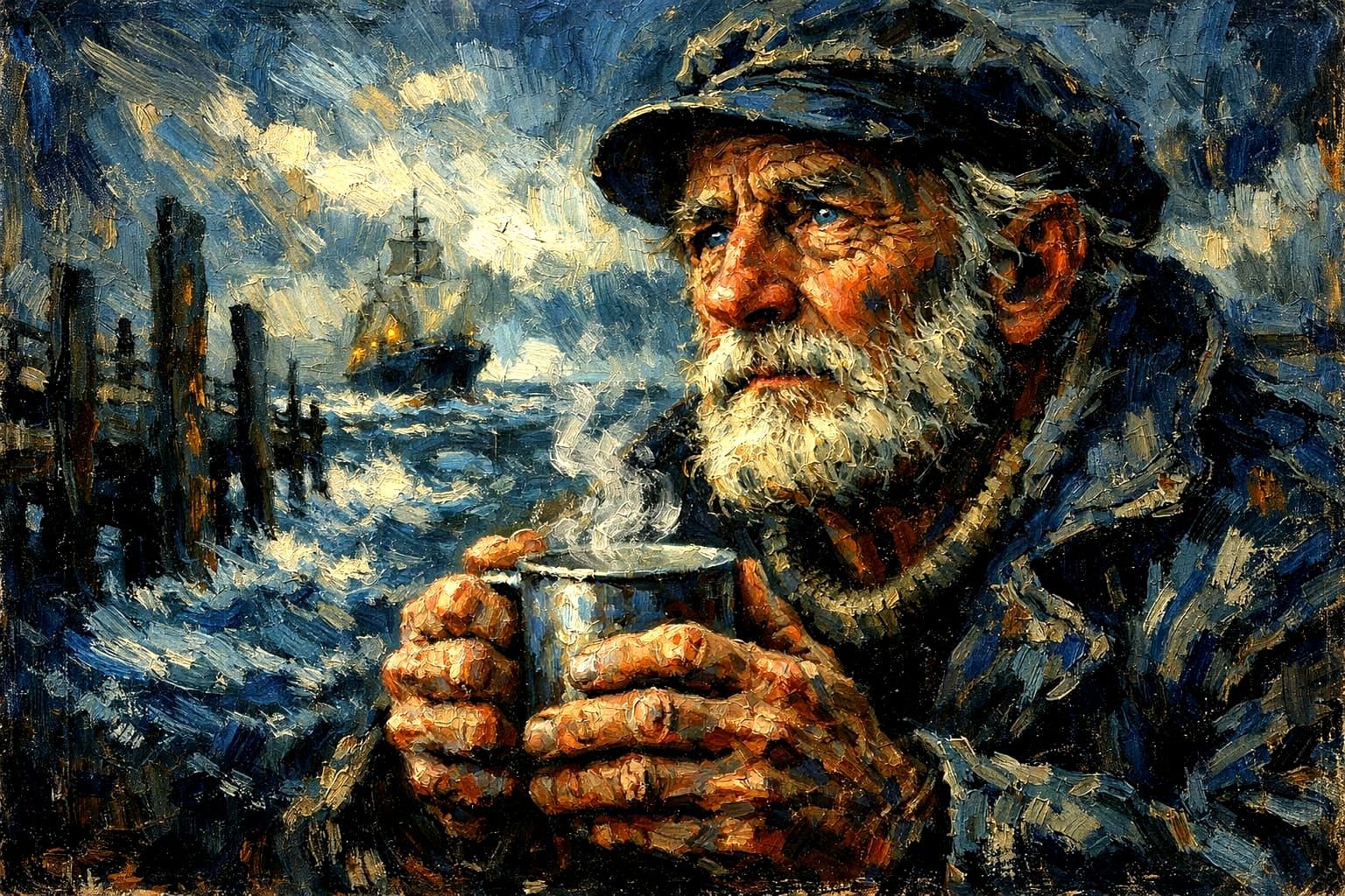  A weathered sailor watching another ship arrive while enjoying his warm mug of coffee.  by @Joris