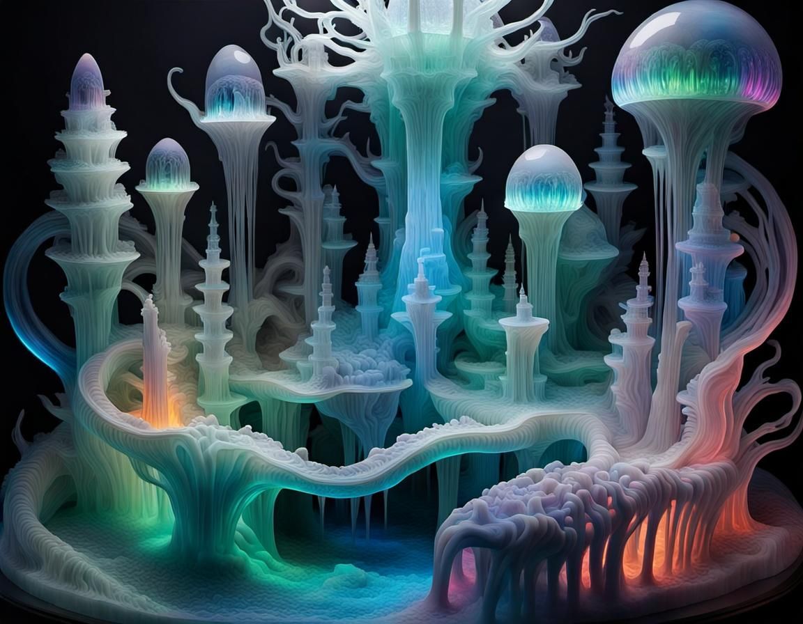 Rainbow Ice Fantasy Landscape in Biomechanical Style