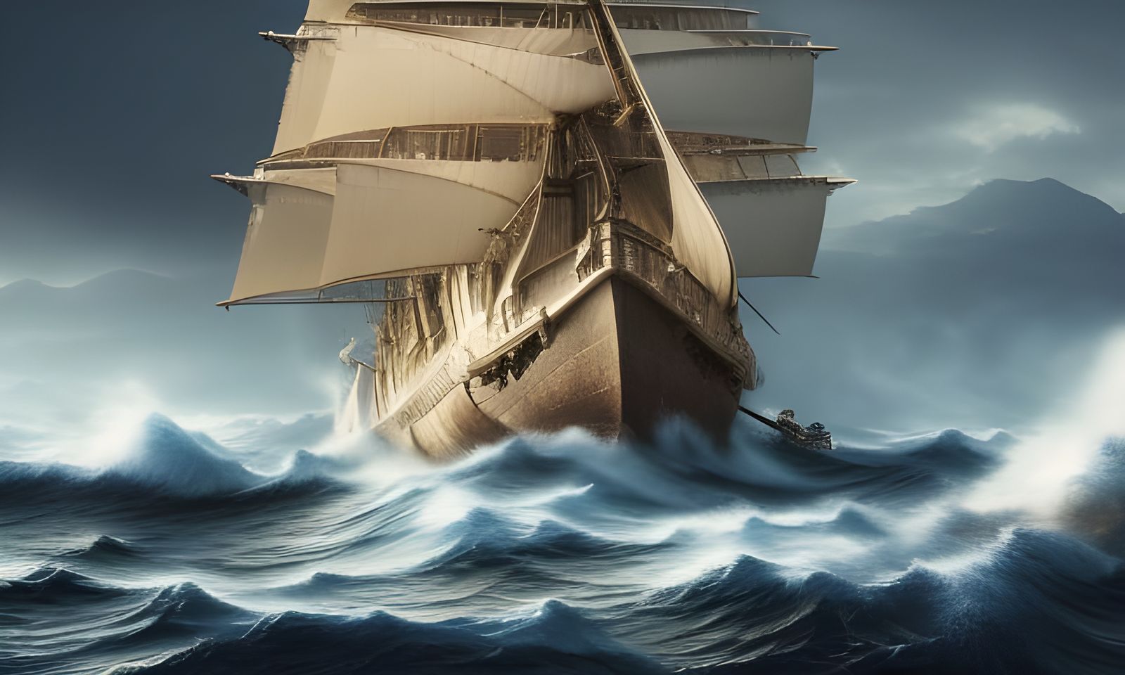 sailing ship fighting big waves