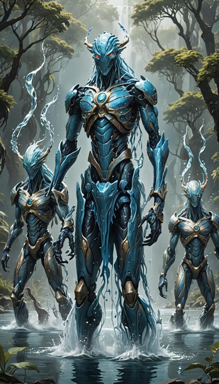 a group of water humanoid creatures standing in victory