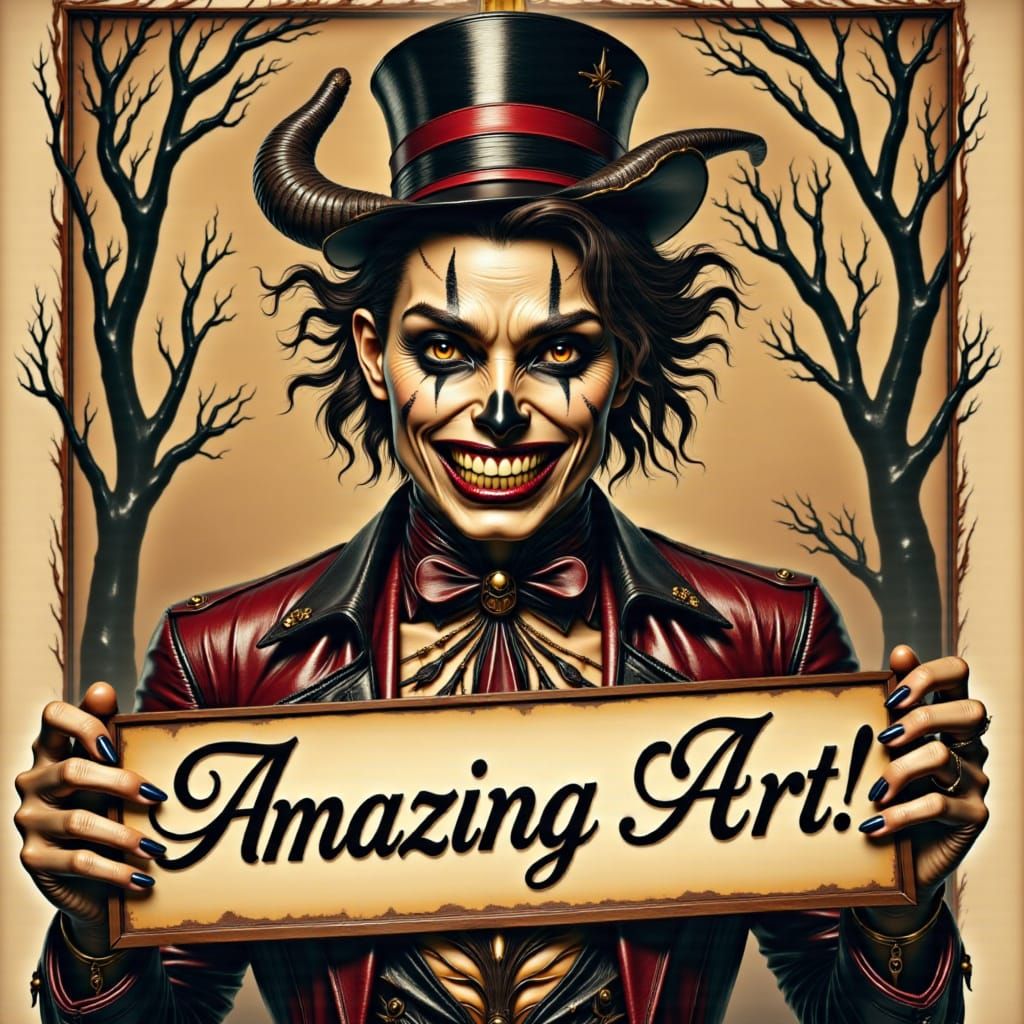 magazine  cover art; Gothic androgynous Demon, Dressed in 1950s Modern American;  holding a sign that has clearly written "Amazing Art!"<lor...