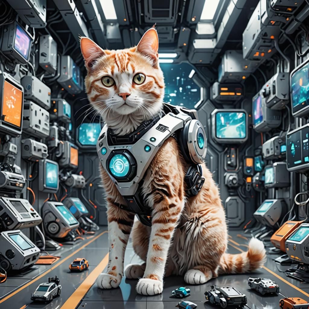 a cat living in a futuristic world where everything is half robot