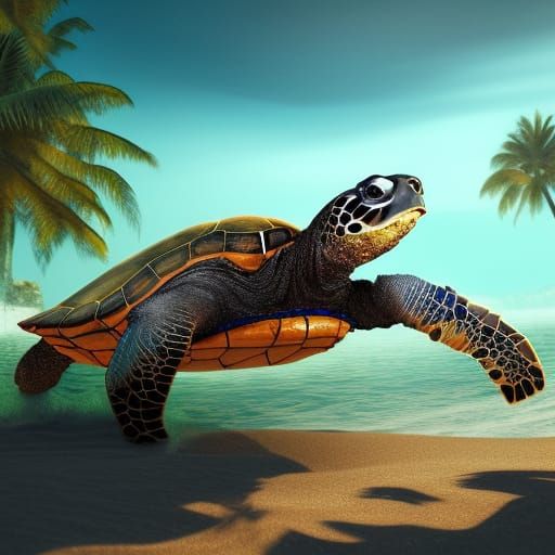 turtle neon realistic on beach