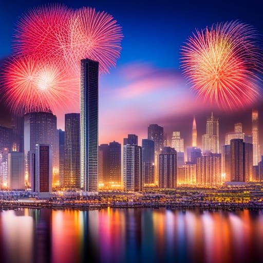 Spectacular Fireworks Over Cityscape in Surreal Style