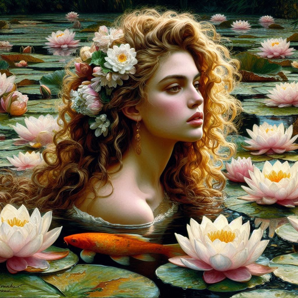 Beautiful woman, golden curls, in a pond of blooming water l...