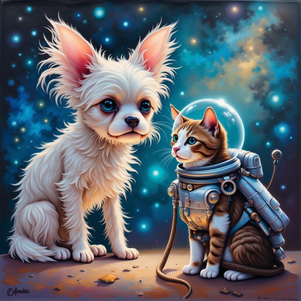 <lora:My pets:1.0> translucent dog next to astronaut cat