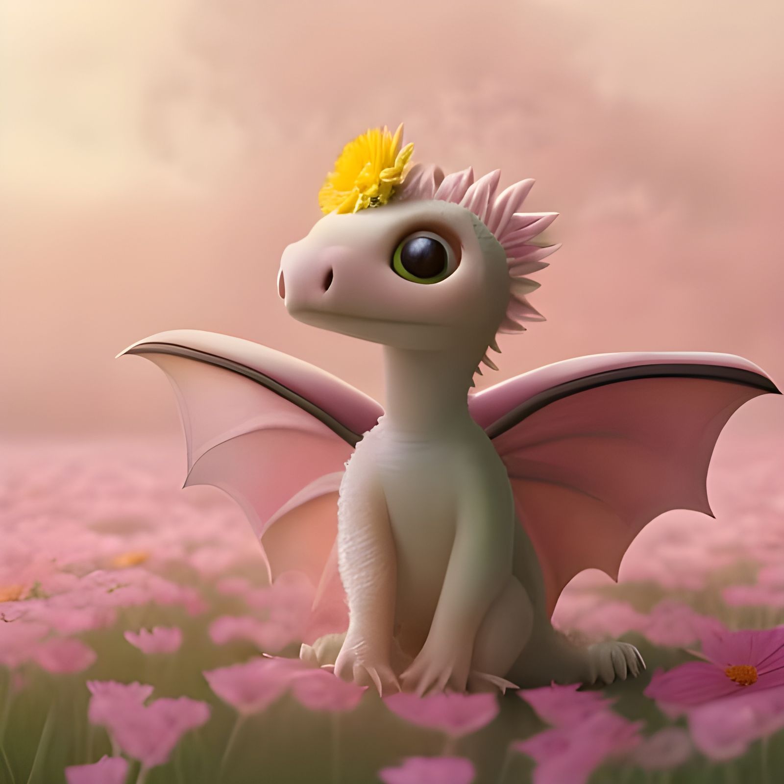 Baby dragon in a flower field  by @Bloodofabel