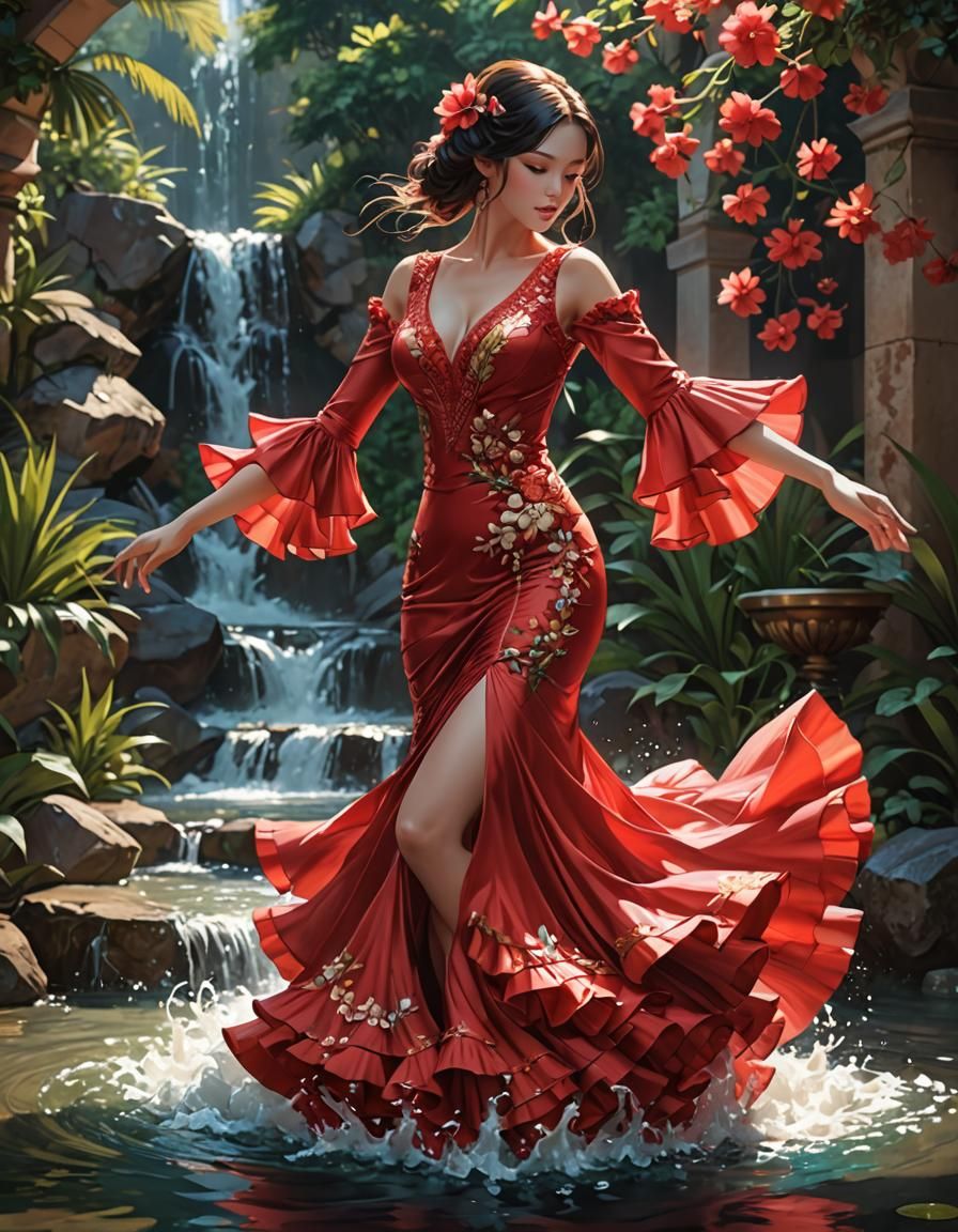 Flowing Water Flamenco. By artist "anime", 3d anime art, inspired by WLOP, Artstation, #genshinimpact ...  by @FashionQueen