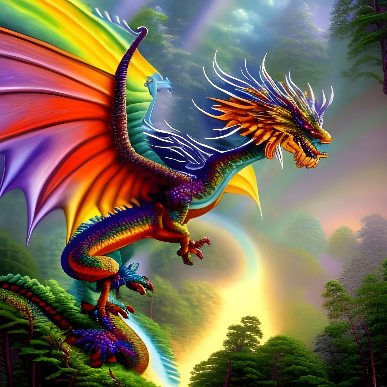 rainbow dragon flying over a forest - AI Generated Artwork - NightCafe ...