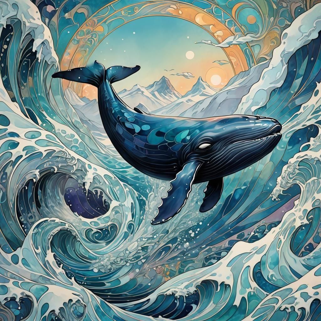 An art nouveau picture of a whale leaping through the air in front of a glacier 