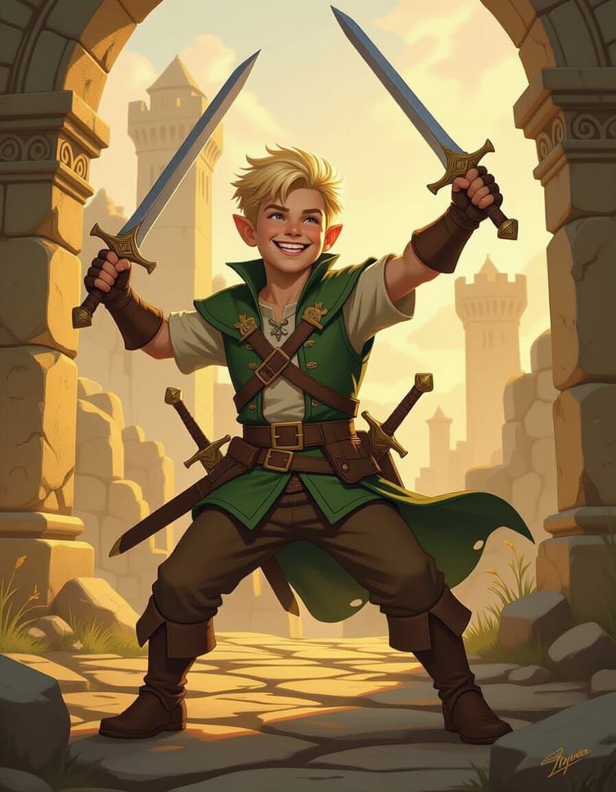 Fantasybild, Männlicher hobbitschurke mit kurzem hellen haaren, mit kurzschwertern in den händen und siegessicherem lächeln, jugendliches al...