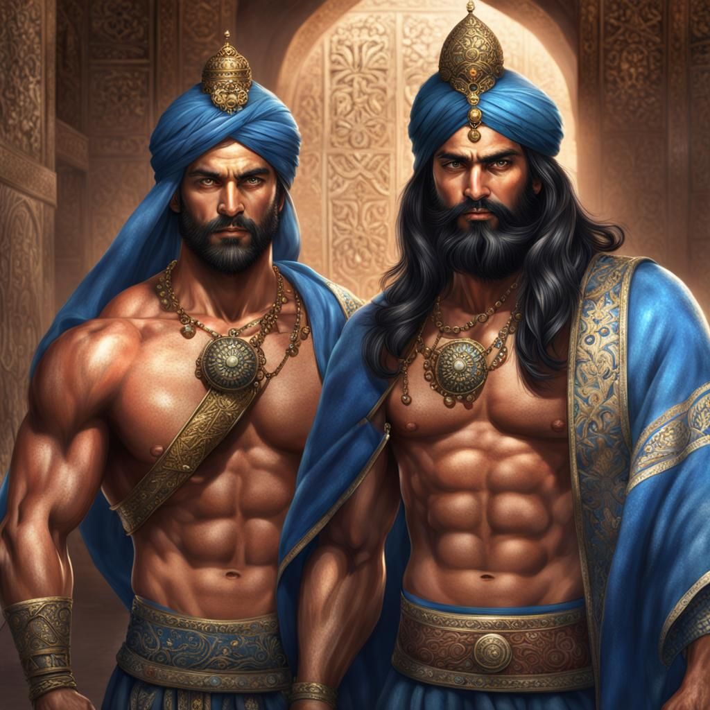 2 male Persian guards, handsome, shirtless, very muscular, stubble, thick  arms, photorealistic, turban, long black hair, rounded pecs, hairy... - AI  Generated Artwork - NightCafe Creator