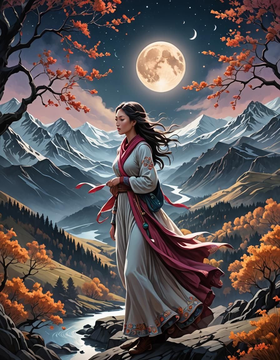 Eclipse of beautiful moon girl, flowing weather,  windy day,...