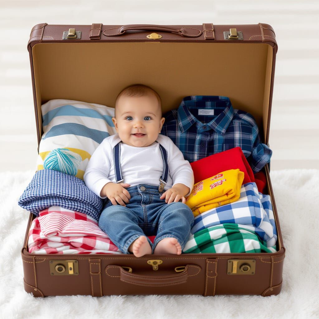 Baby Sitting in Suitcase with Items Emerging