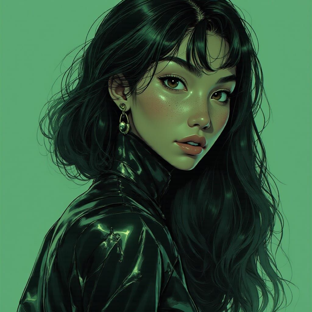 <lora:Adsumus:1.0> This image is a digital illustration of a stylized  character :: depict a woman in Tourmaline green, onyx black, reflecti...