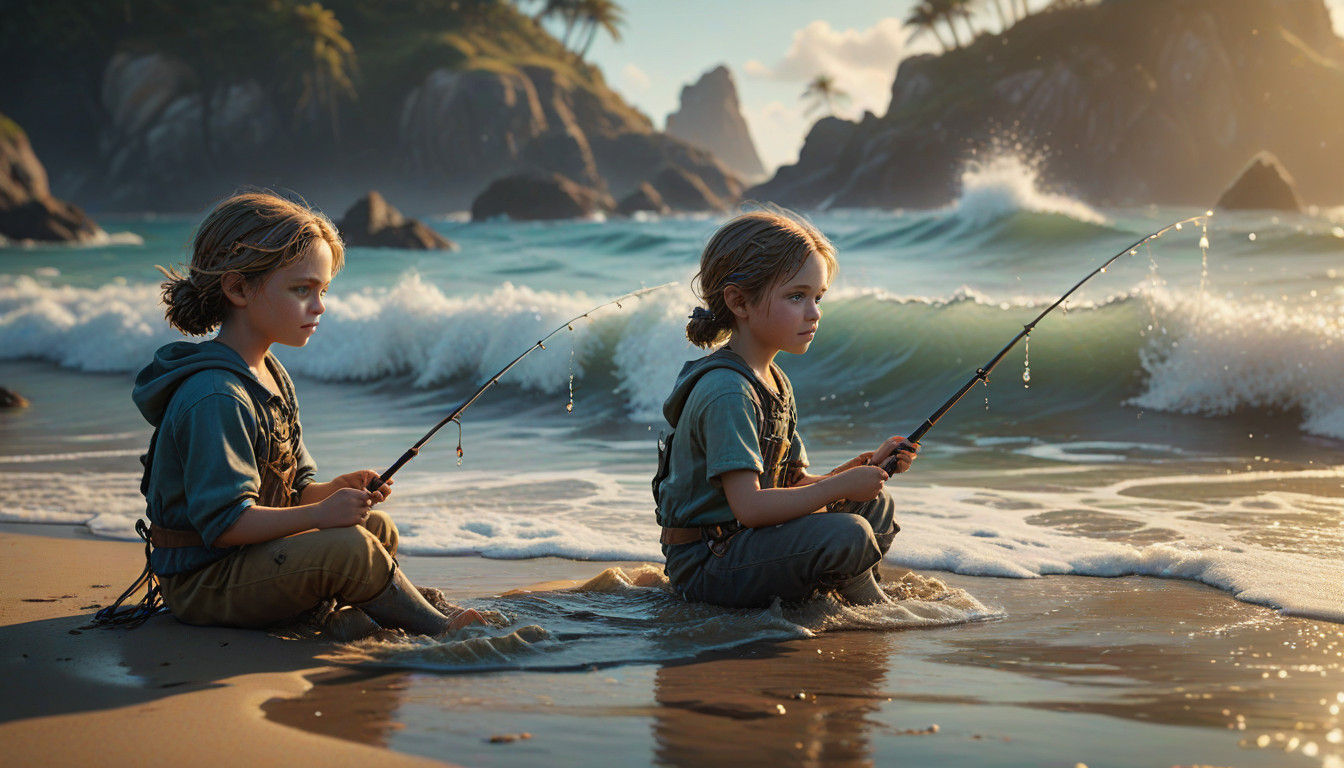 Dreamy Children's Beach Scene in Oceanic Hues