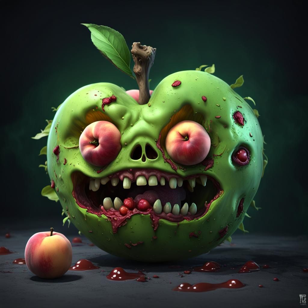 Green peach, zombified fruit, inspired by plants vs zombies, cute horror, realistic light, dark background, ...  by @Red Grass
