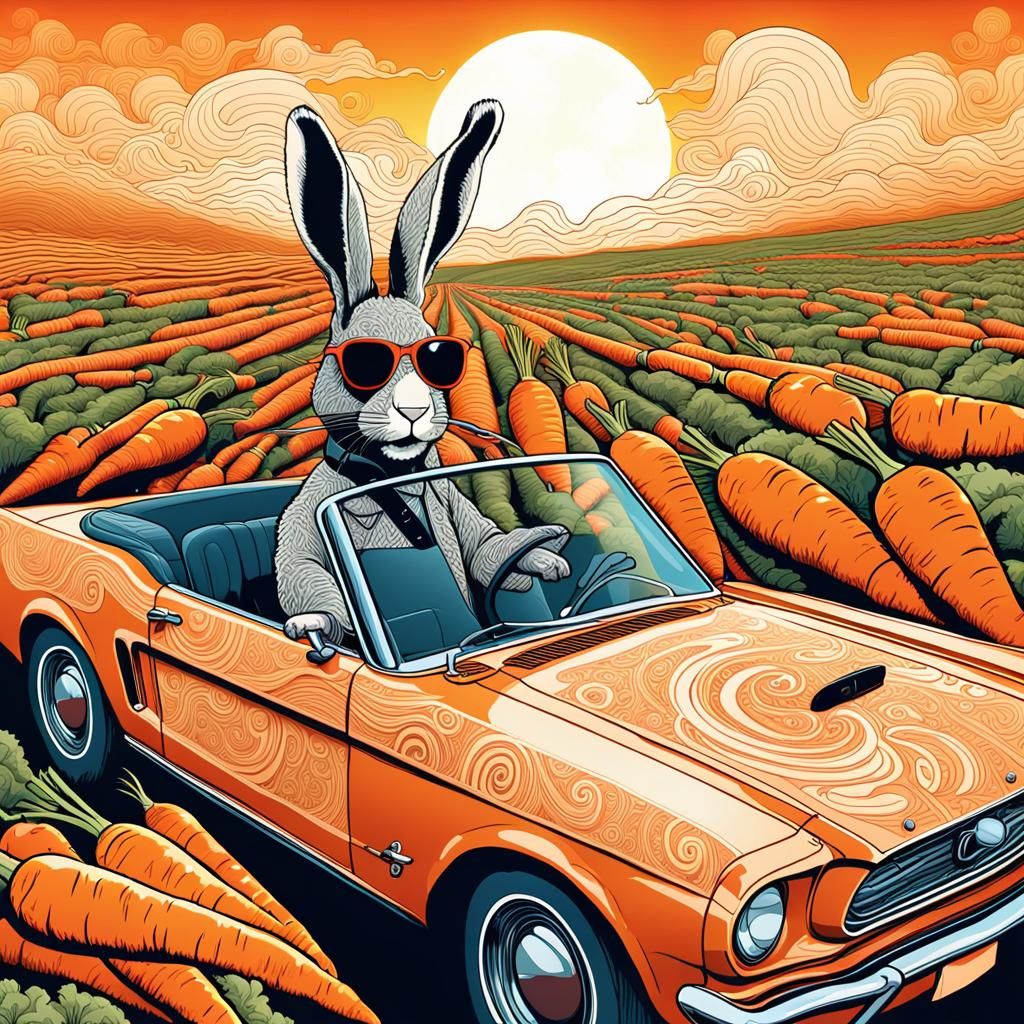 a very cool rabbit, wearing sunglasses, is relaxed driving a vintage
