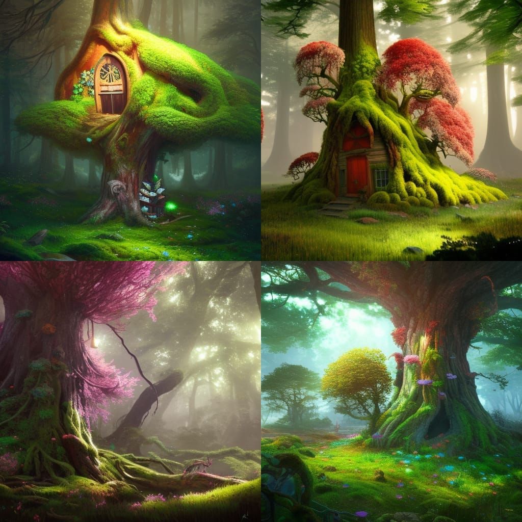 Old big tree in forest, covered with moss and a fairy house ...