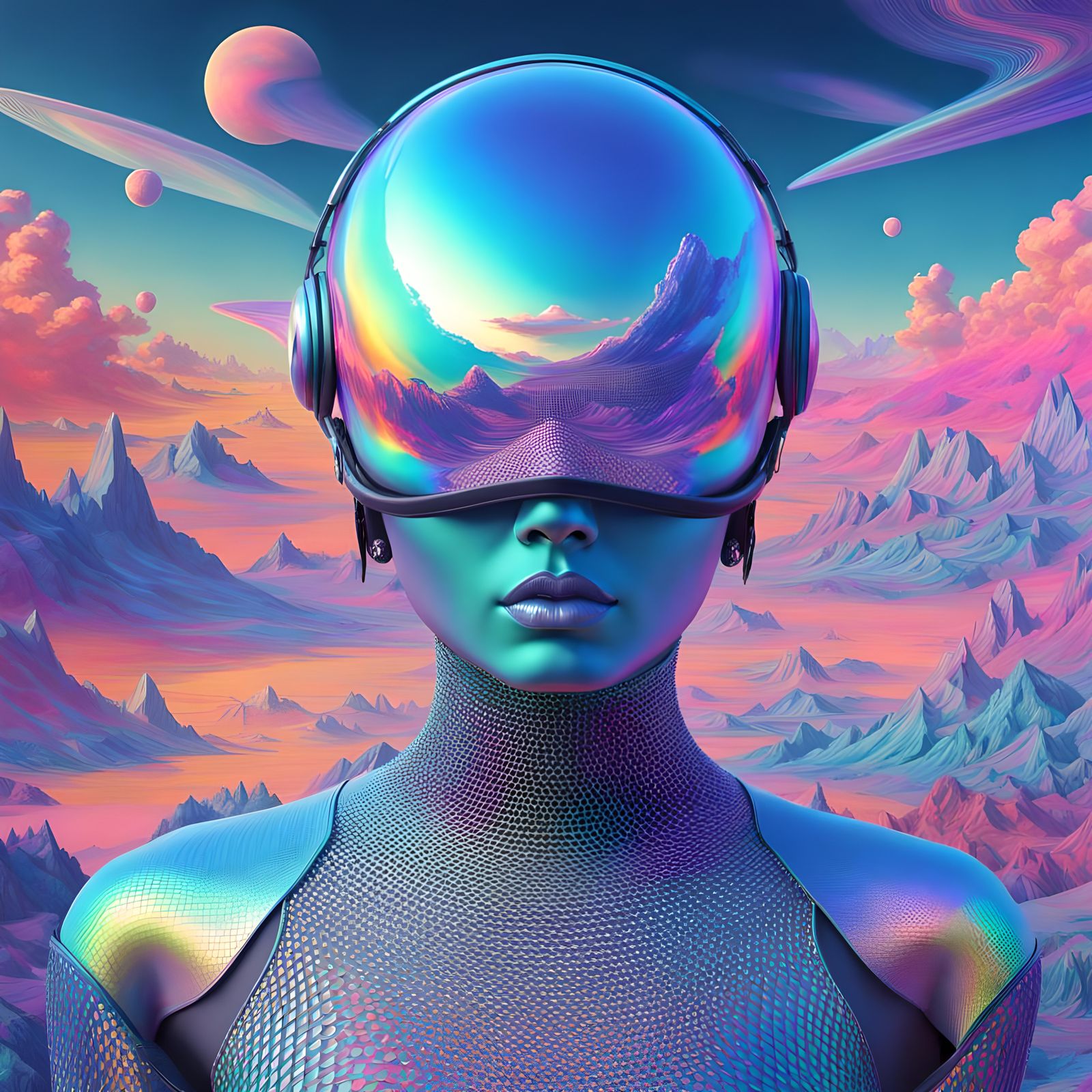 iridescent Holographic mesh three-dimensional digital virtual human, in the style of pop-surrealism, ...  by @morr5750
