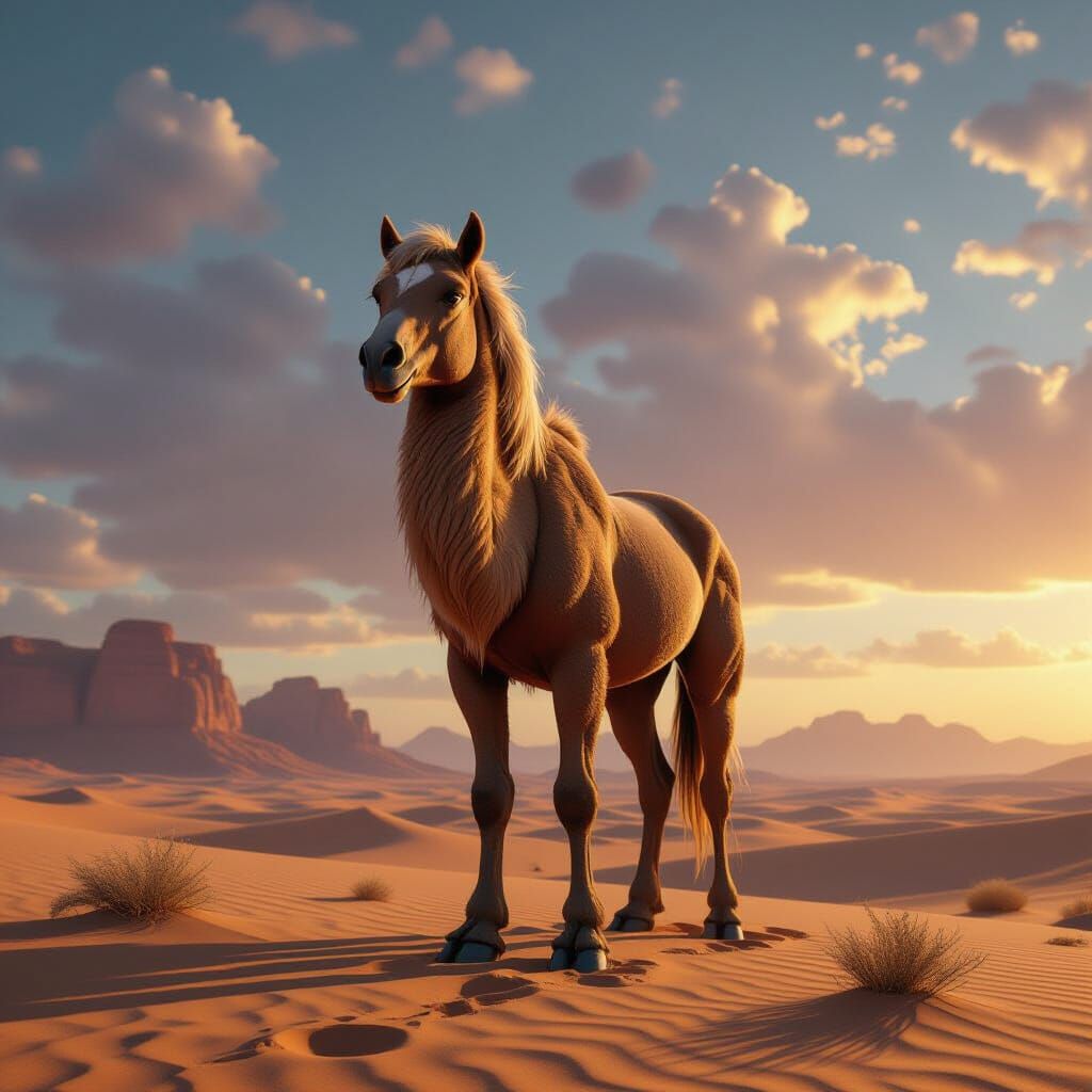 A horse with camel's legs and fur