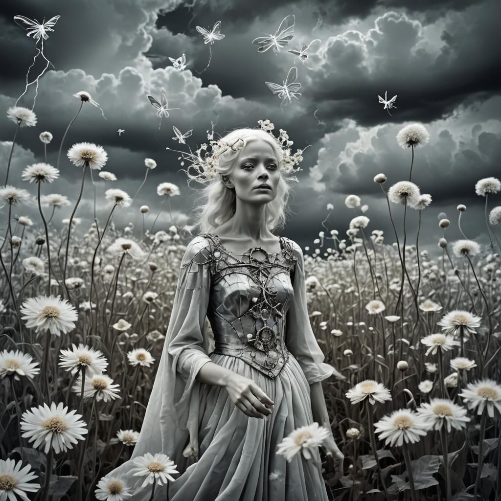 Haunting  infrared photo of a pale white haired fairy like  ...