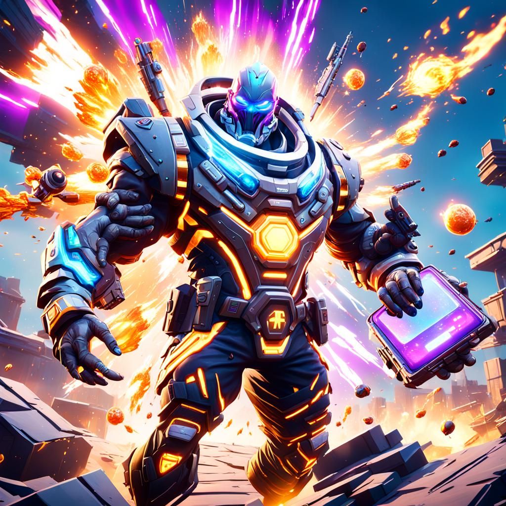 ultra high-tech legend Fortnite god character with an AR and...
