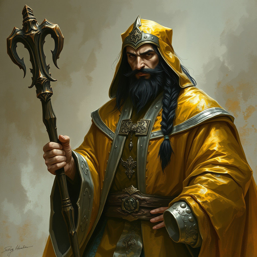 court wizard in golden robes with silver trim, long black ha...