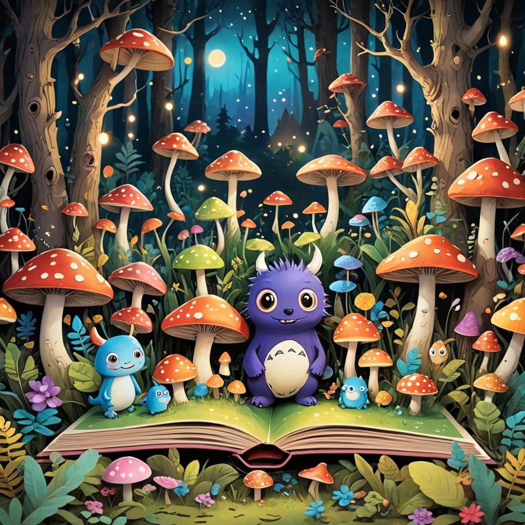 A whimsical and colorful open pop-up book with kawaii monste...