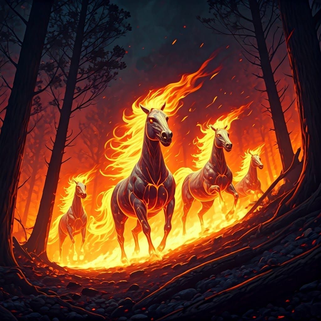 Surreal Inferno of Golden Flames and Crimson Embers in a Mys...