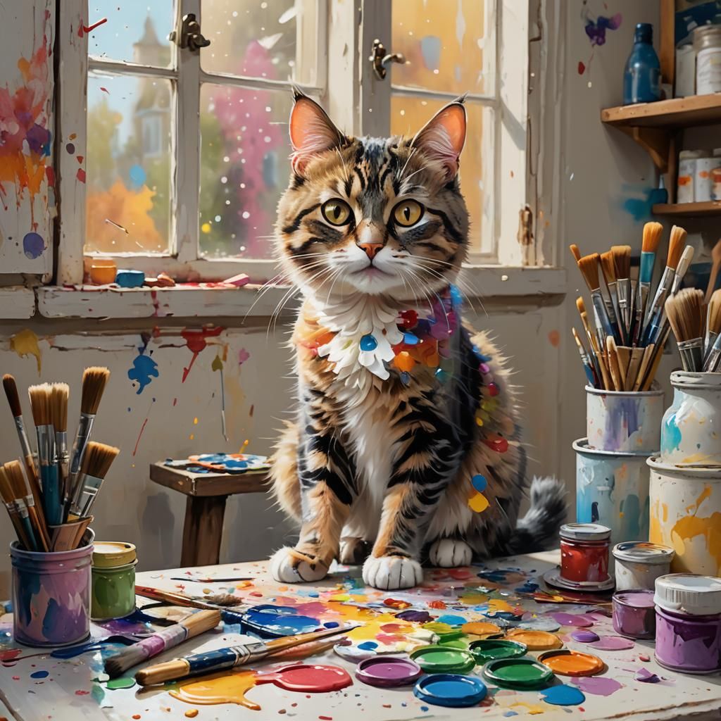 Cat Artist's Surprise: A Whimsical Fantasy Scene