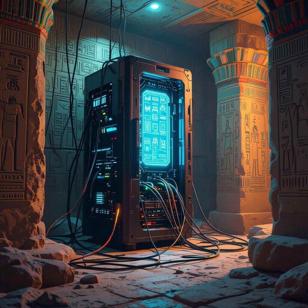 quantum tower PC is inside ancient egyptian tomb .. cables running to an dispay on the wall hieroglyphs allaround
