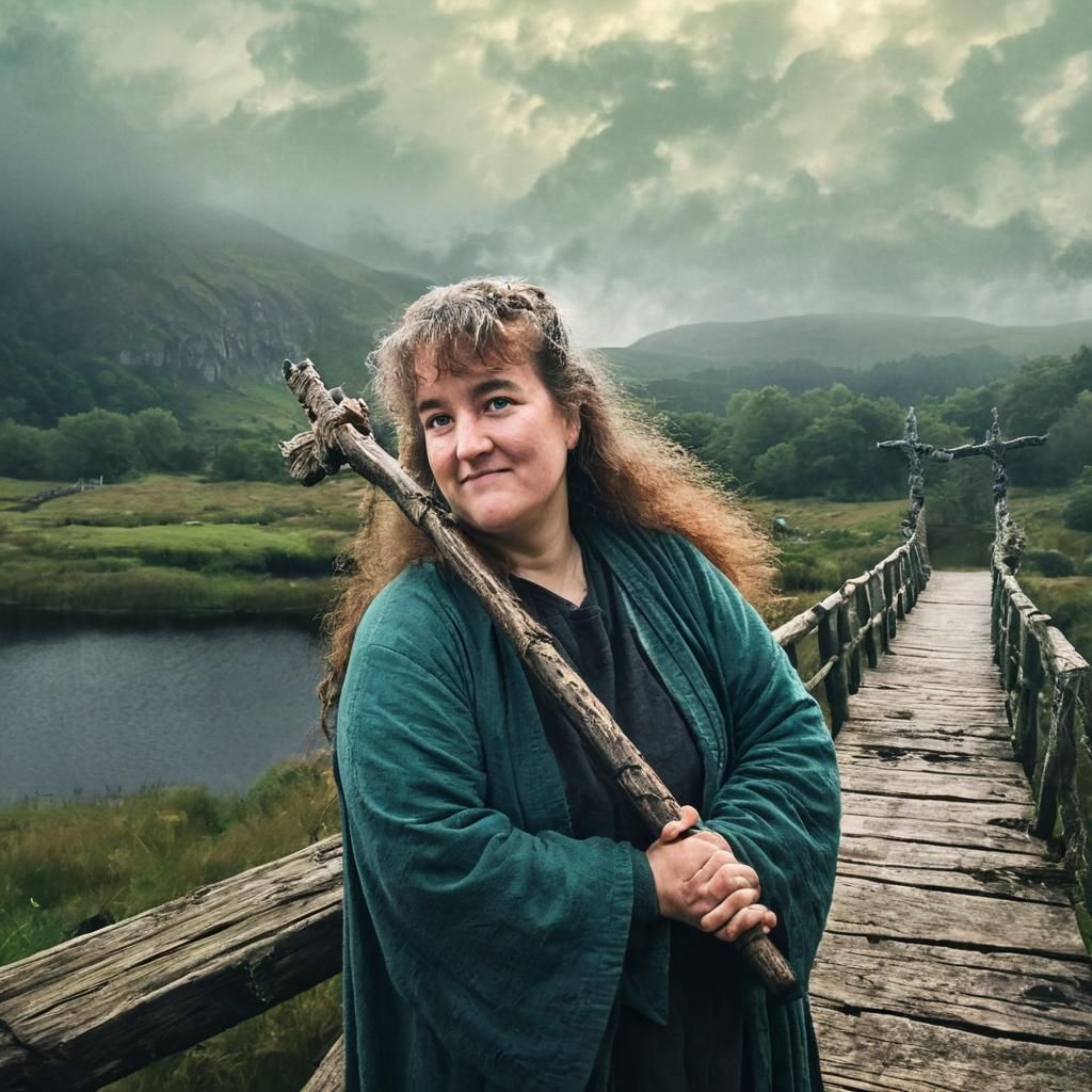 Medium shot of a peasant <Subject> crossing a bridge in medieval scotland. detailed matte painting, deep color, fantastical, intricate detai...