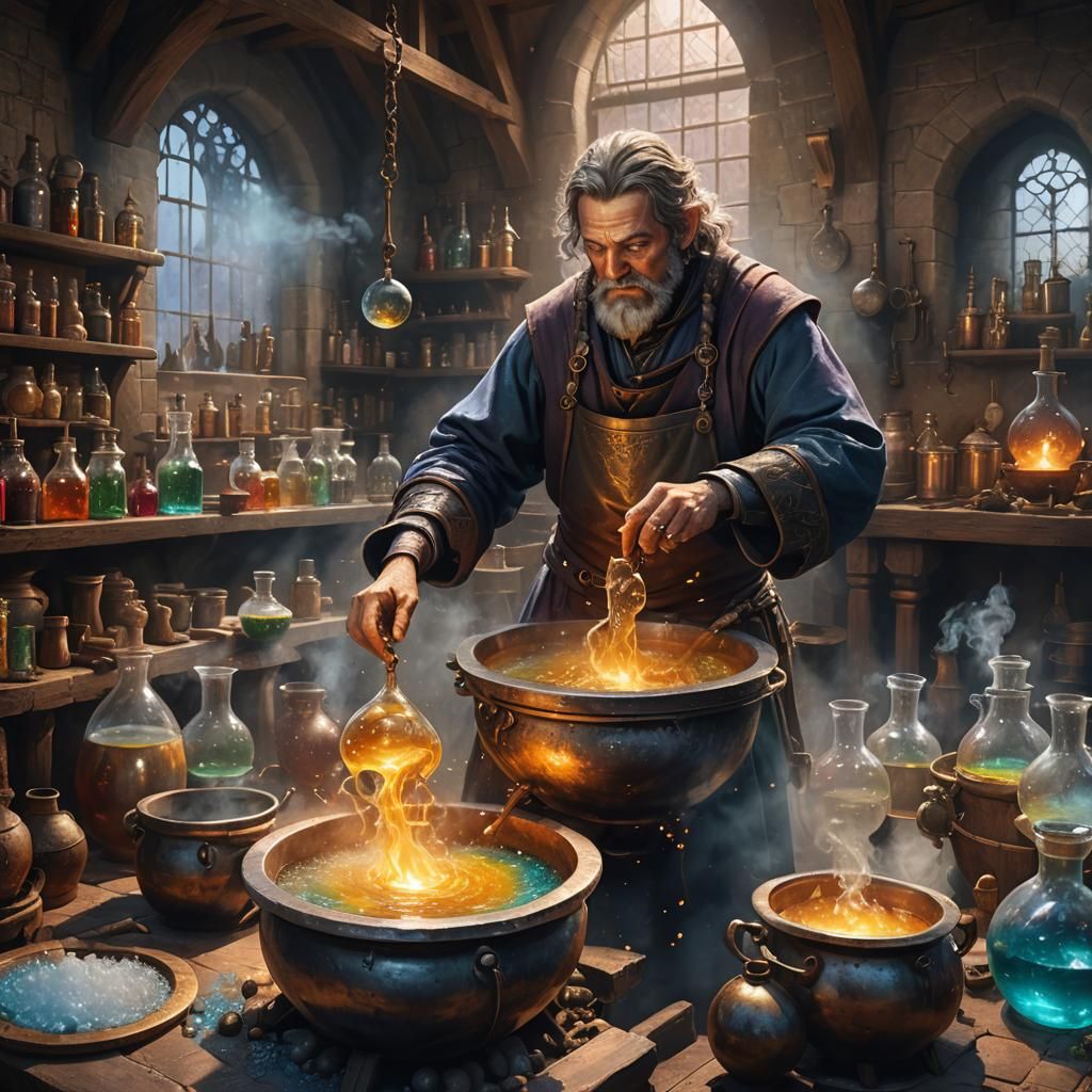 A medieval alchemist's laboratory, with bubbling cauldrons, ...