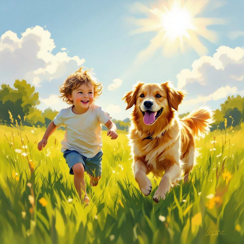 Joyful Child Chases Golden Retriever in Sunny Meadow